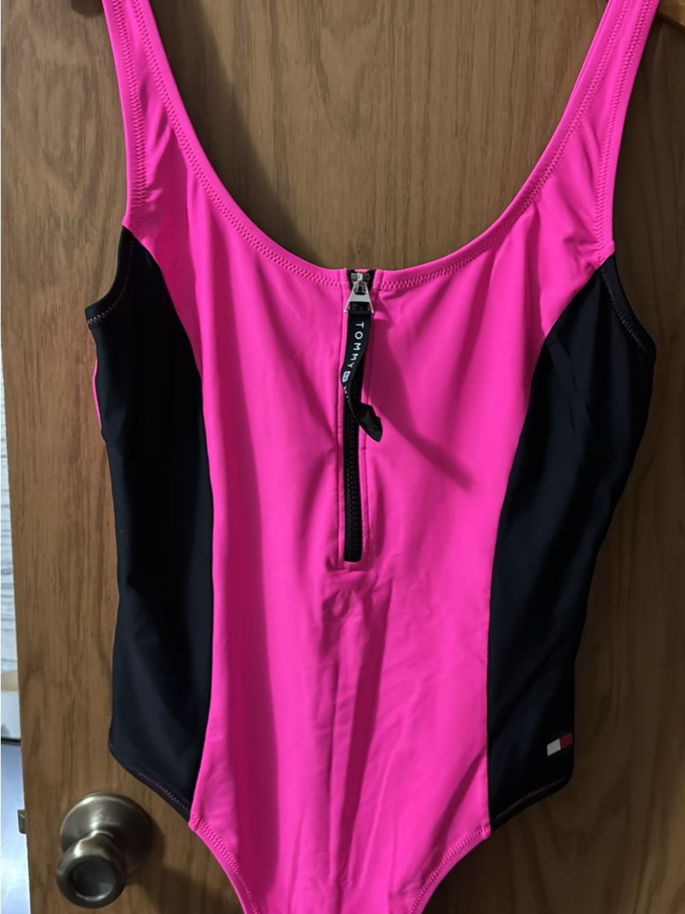 Tommy Hilfiger Neon Pink & Black Front-Zip One-Piece Swimsuit